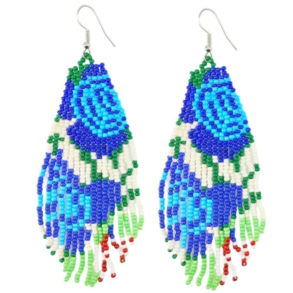 Flower Bohemian Seed Bead Tassel Dangling Statement French Wire Hook Earrings